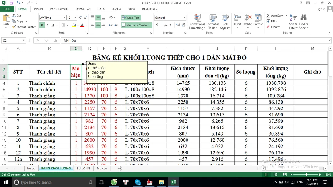 excel tính trọng lượng thép hình bằng hàm tra cứu VLOOKUP
