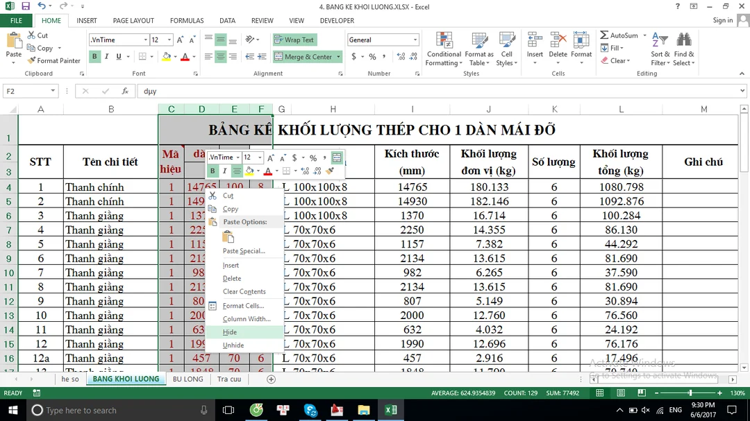 excel tính trọng lượng thép hình với vùng nhập liệu màu đỏ